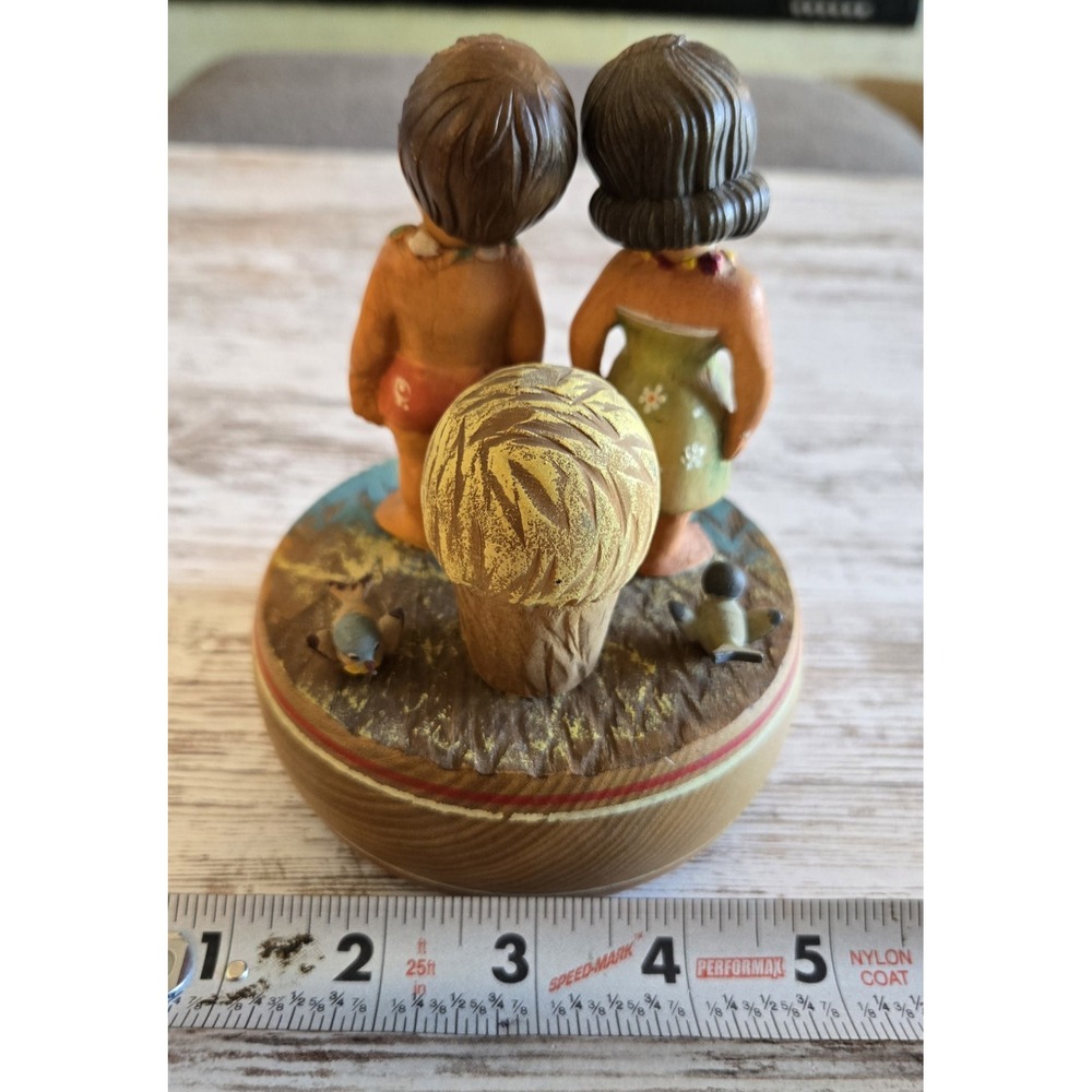 Vintage ANRI Wooden Music Box Hawaiian Hula Boy Girl Tiny Bubbles Rotating Tiki